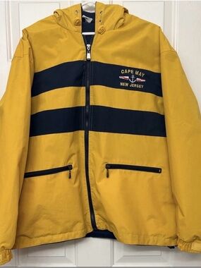 Vintage Cape May NJ Souvenir Jacket Mens M Yellow Hooded Fisherman Rain Coat